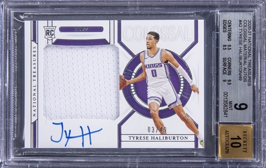 2020/21 Panini National Treasures "Colossal Materials Autographs" #TYH Tyrese Haliburton Signed Jersey Rookie Card (#03/49) - BGS MINT 9/BGS 10